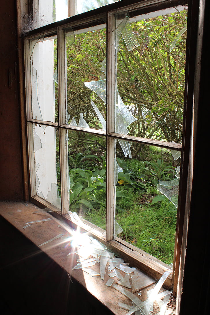 luz do sol, janela quebrada, quebrado, janela, sujo, abandonado, arquitetura