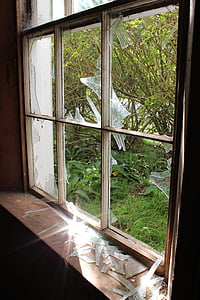sluneční světlo, rozbité okno, zlomený, okno, Dirty, opuštěné, Architektura