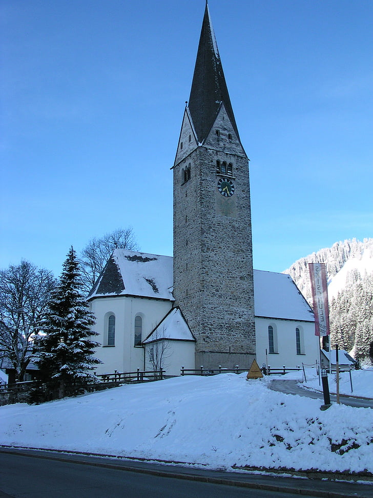 kostol, Mittelberg, Kleinwalsertal, Rakúsko, zimné, sneh, Dovolenka