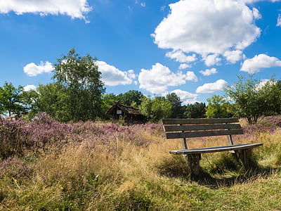heide, bench, nature reserve, heathland, lüneburg heath, bank, beehive