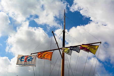 clouds, sky, flags, ship, mast