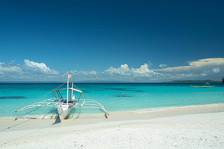 плаж, лодка, море, вода, ваканция, Филипини, пясък