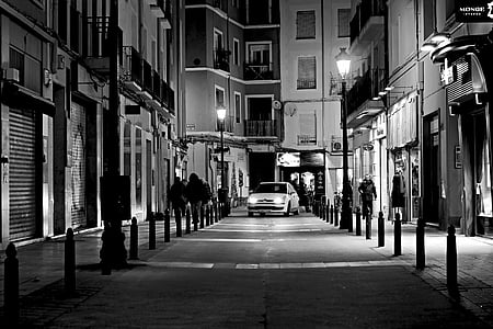 naktī, pilsēta, balta, melna, gaismas, ēnas, automašīnas