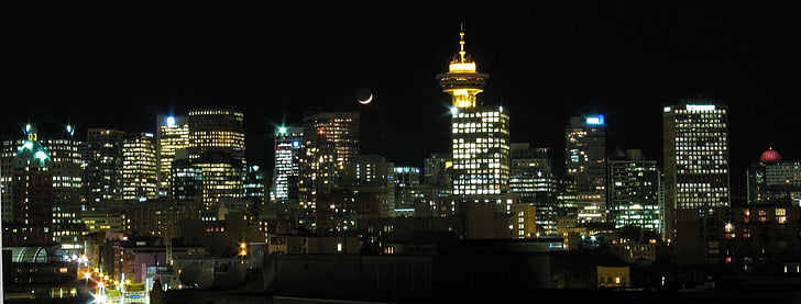 Vancouver, öö, panoraam, Kanada, hoone, valgus, tume