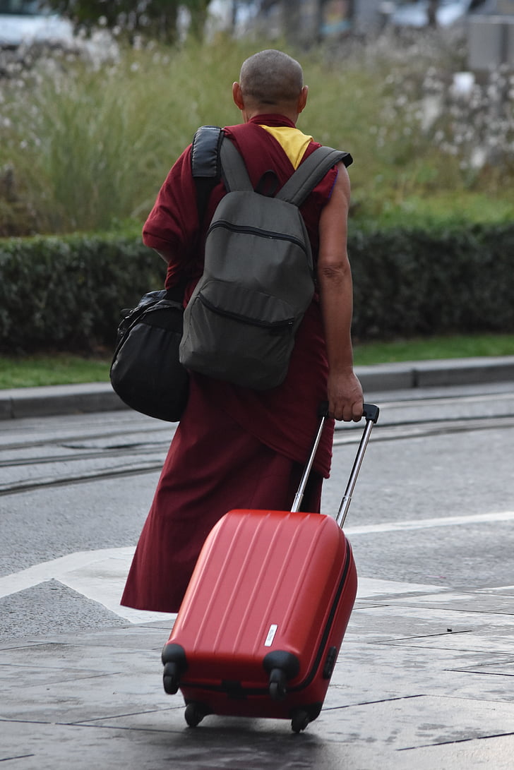 monk, travel, suitcase, holiday, valise, faith, buddhism