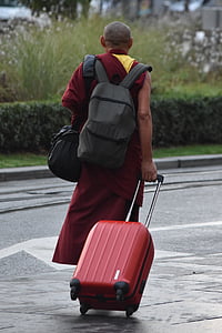 szerzetes, utazás, bőrönd, Holiday, valise, hit, buddhizmus