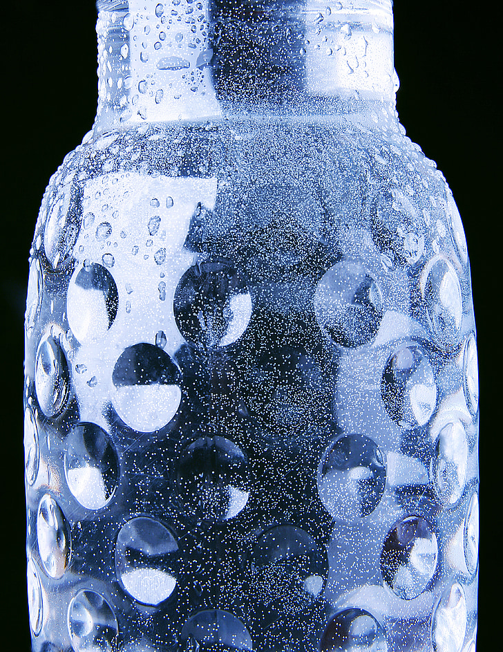 bottle, blue, drops, water, macro, drop, macro photography