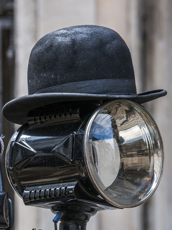 lue, bowler hatten, lue vintage, svart, frontlys på en gammel bil
