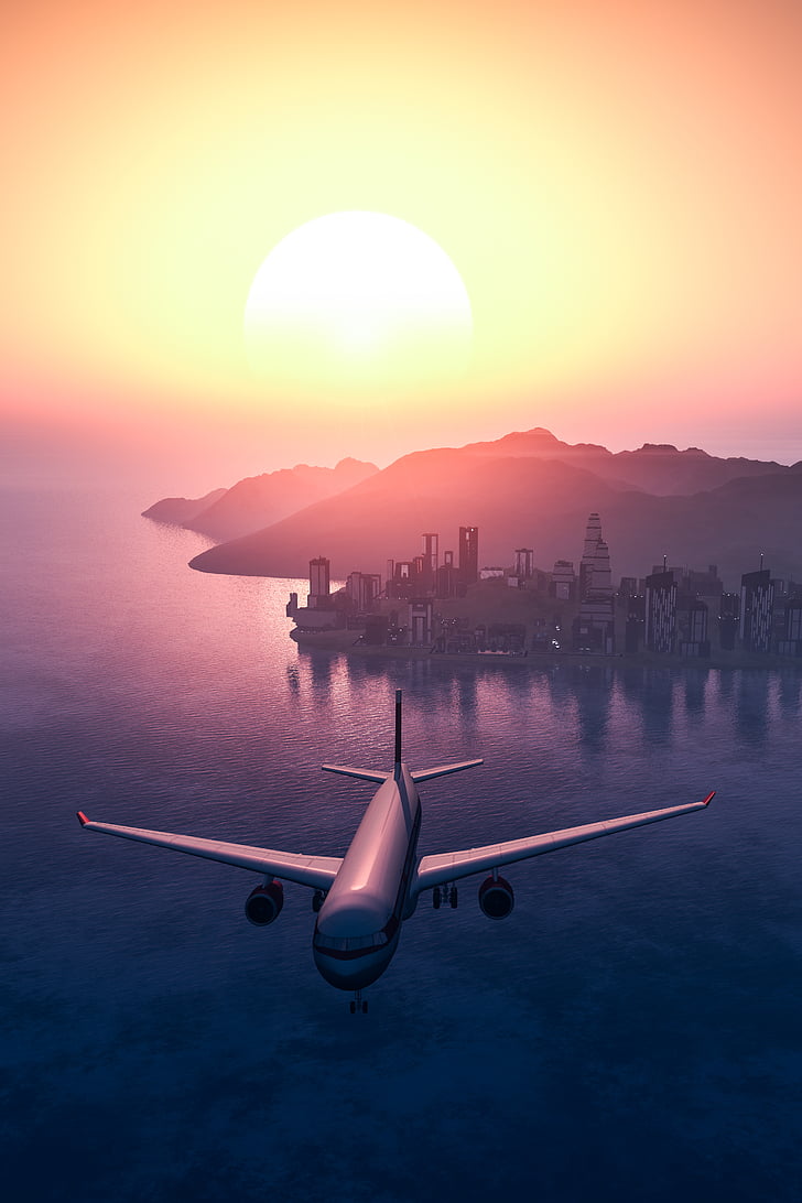 aircraft, airplane, aviation, city, dawn, dusk, flight