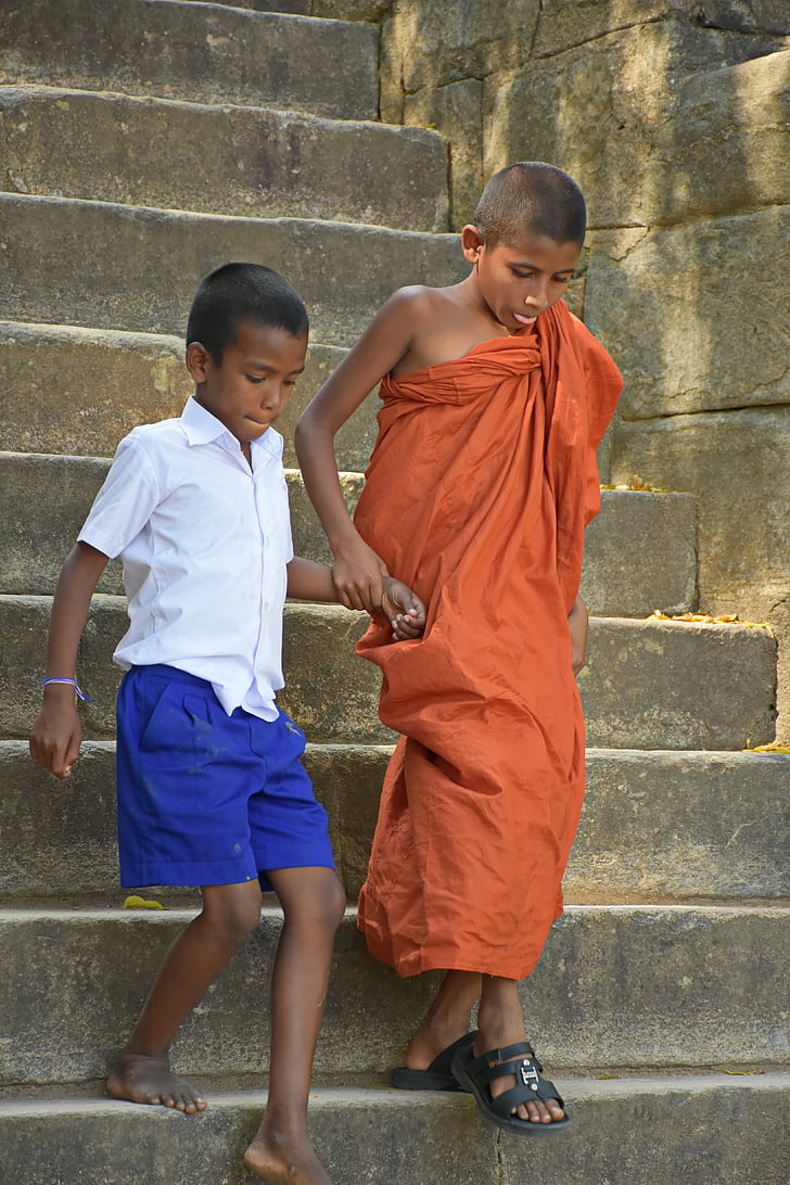 budista, monge, criança, escada, amizade, amor, meninos