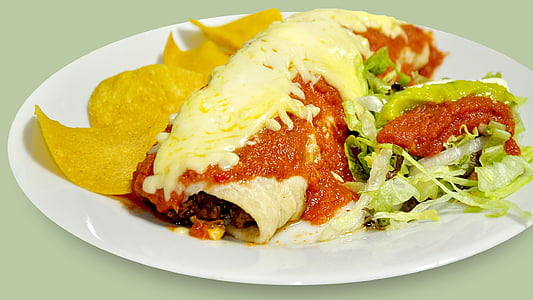 burrito zapečený, grilované burrito, nachos, Aztec, jedlo, Mexické