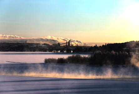 Luleå, rieka, hmla, ľad, západ slnka, súmraku, vody