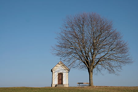 chapel, feldkapelle, tree, defoliated, spring, sky, blue