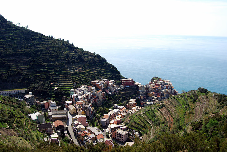 Cinque terre, Liguria, casas, mar, montaña, verde, cielo