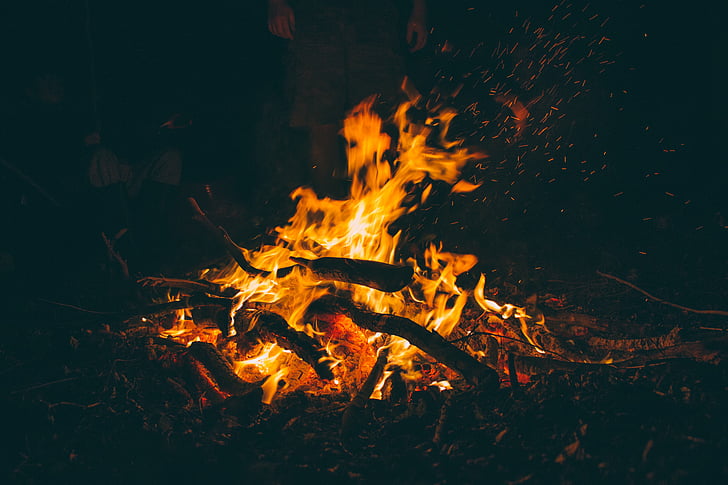 foguera, nit, encara, campament, foc, flames, calenta