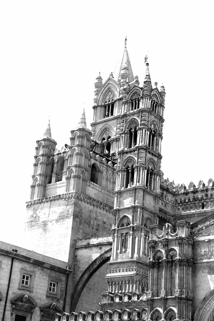 palermo, monochrome, black and white, cathedral, church, architecture, gloomy
