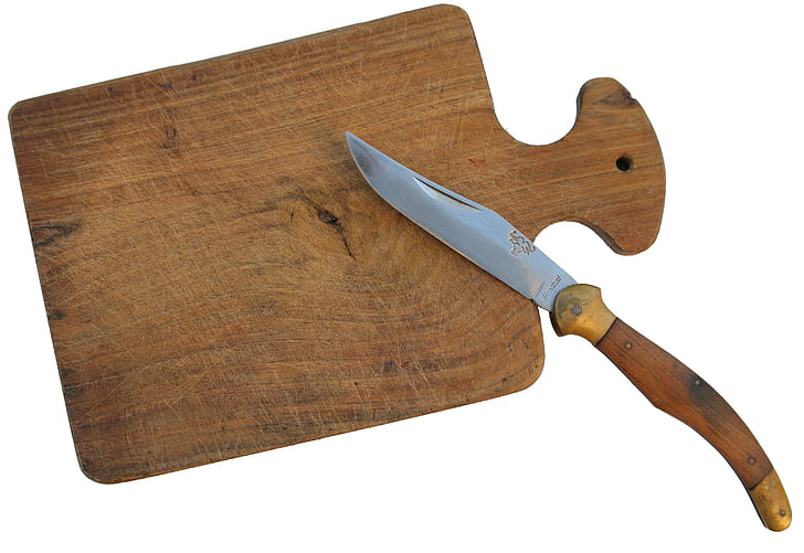 army knife, cutting board, white background, wood, rustic, knife, cut out