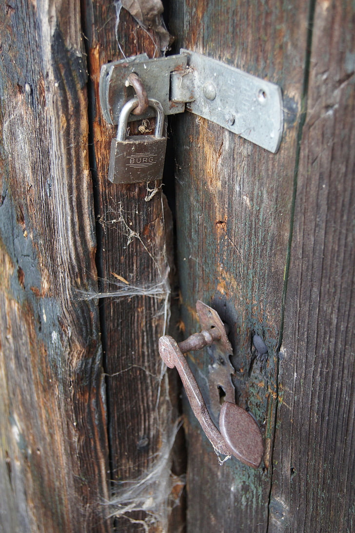 durvis, baļķu būdas, piekaramās slēdzenes, durvju sprādze, vecais, bloķēšana, Wood - materiāli