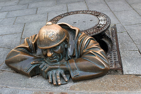 Bratislava, canale, scultura, Slovacchia, divertente, bronzo