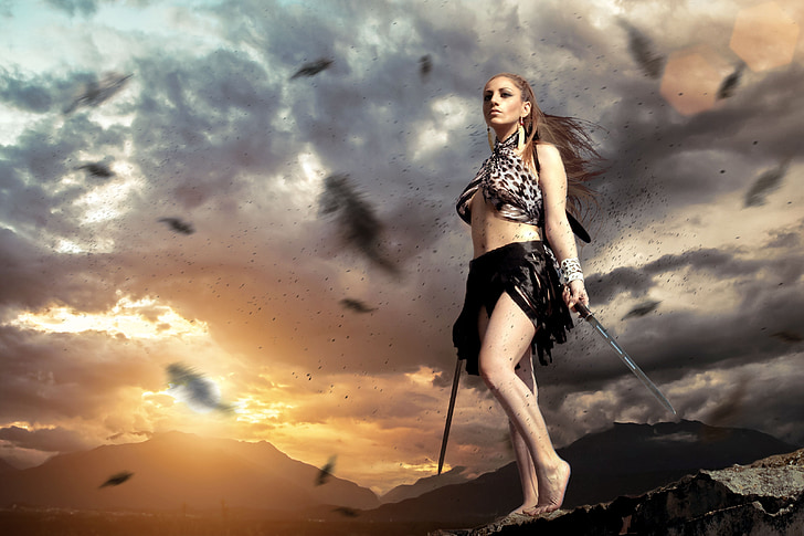 Warrior, Žena, Žena, Západ slunce, zbraň, Děvče, žena bojovník