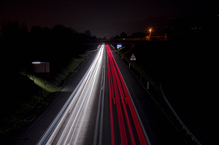 motorväg, ljus, vit, röd, Road, natt, mörka