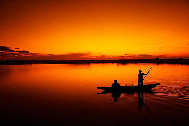 boot, vissers, visserij, mensen, silhouet, hemel, zonsopgang