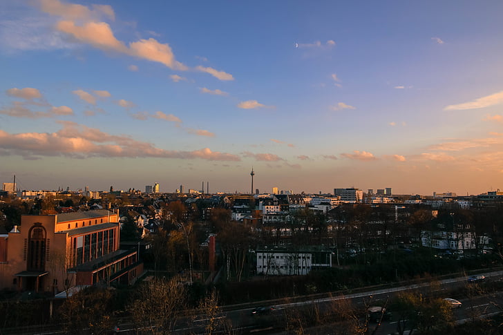 mesto, sončni zahod, Düsseldorf, nebo, domove, TV stolp