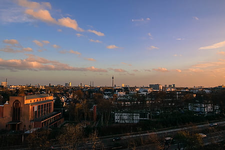 Şehir, günbatımı, Düsseldorf, gökyüzü, evleri, TV Kulesi