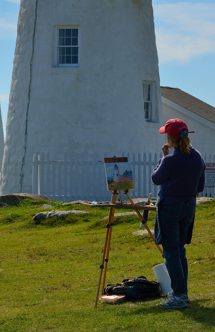 Faro, Acadia, Maine, dibujo, artista, al aire libre, cuadro