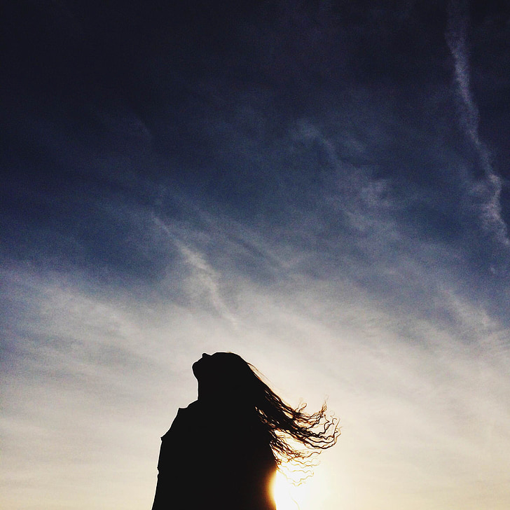 sunset, girl, silhouette, long hair, woman, sky, people