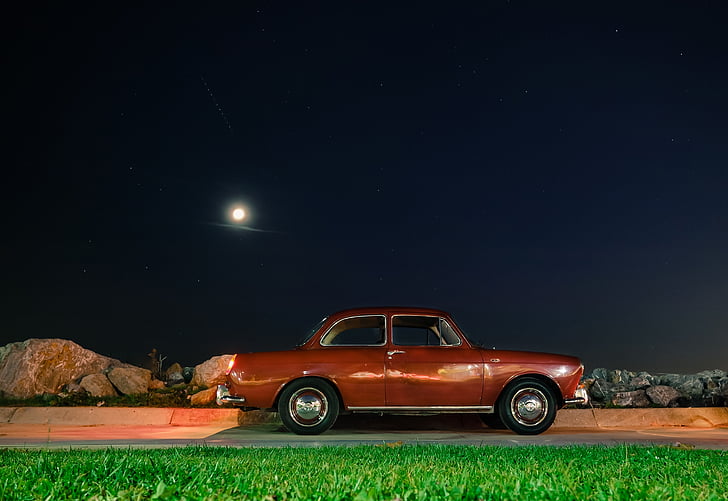 Mobil, Mobil klasik, berkendara, malam, sedan, langit, Vintage