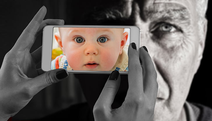 smartphone, gezicht, man, oude, baby, jonge, kind