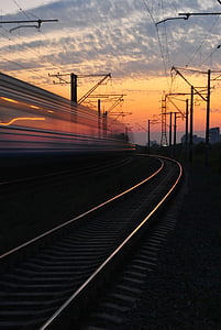 dawn, dusk, fast, railroad, railway, station, sunrise