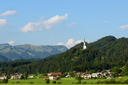 landscape, nature, mountains, church, forest, alpine, green