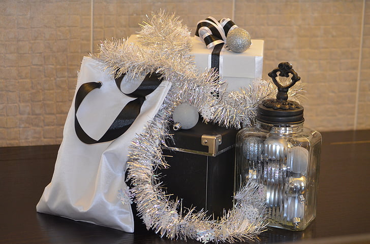 gift, christmas, present, black, white, box, ribbon
