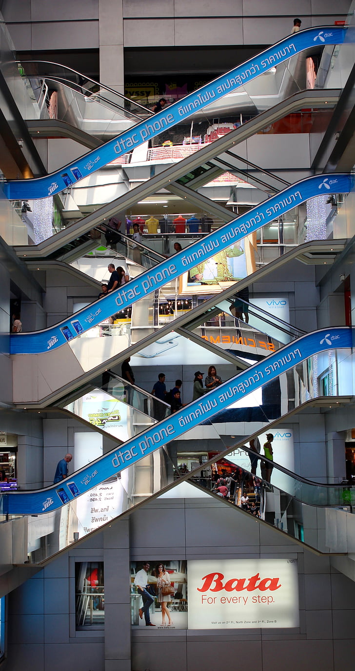 escalator, bangkok, thailand, shopping center, big city, architecture