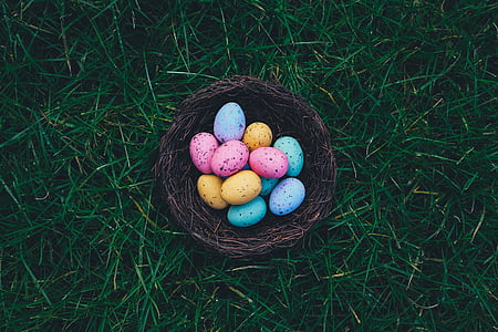 basket, colorful, colourful, easter eggs, eggs, grass, woven basket