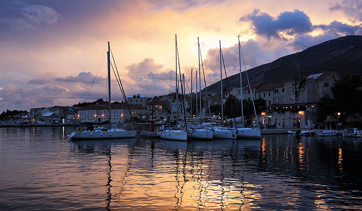 Wieczorem, zachód słońca, żeglarstwo, łodzie, Harbour, Marine, Chorwacja