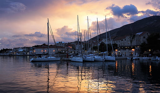 noche, puesta de sol, vela, barcos, Puerto, Marina, Croacia