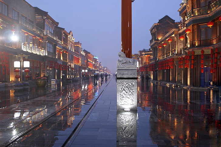 Beijing, China, Straße, Regen, nass, Reflexionen, Asien
