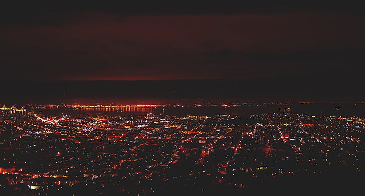 San Franciskas, naktį, iš lėktuvo, tamsus, vakare, žibintai, pastatų