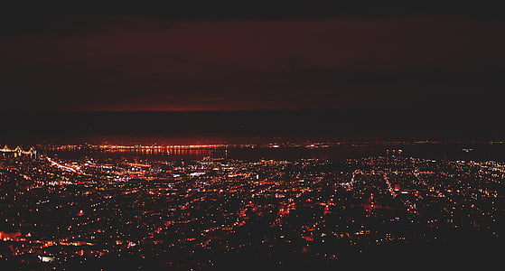 San francisco, noční, letecký, tmavý, večer, světla, budovy