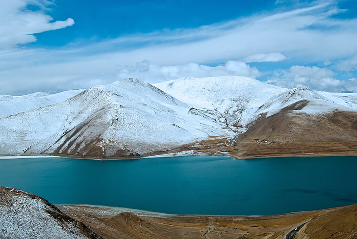 Tibet, paisagem, céu azul e nuvens brancas, yanghu, montanha, natureza, Lago