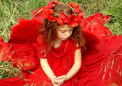 meisje, papavers, rood, rood haar, kamp, bloem, fantasie