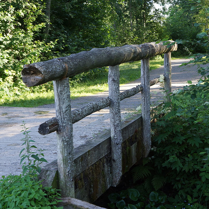 bridge railing, natural wood railing, old, bridge