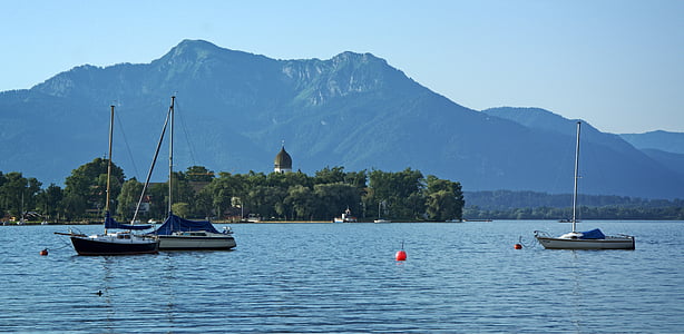 landscape, chiemgau, chiemsee, ladies island, water, mountains, boats