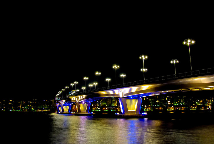 Most, světla, noční, jezero, Finština, Kuokkale, Jyväskylä