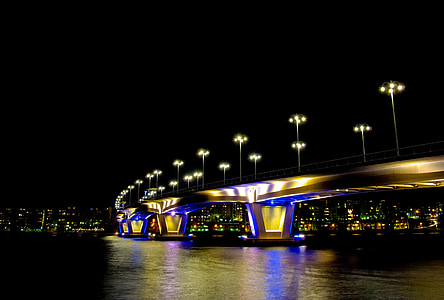 Most, światła, noc, Jezioro, Fiński, Kuokkala, Jyväskylä