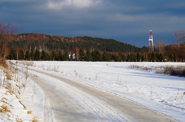 natural gas, search, oil rig, drilling rig, snow, winter, nature