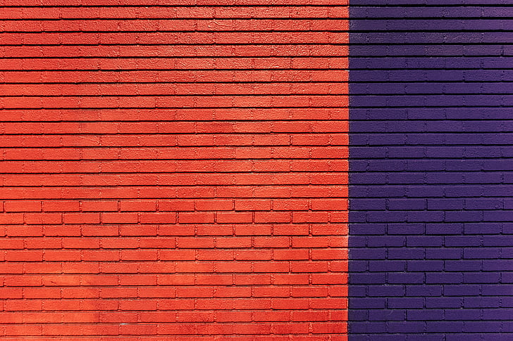 rouge, Purple, béton, mur, briques, orange, mur de briques